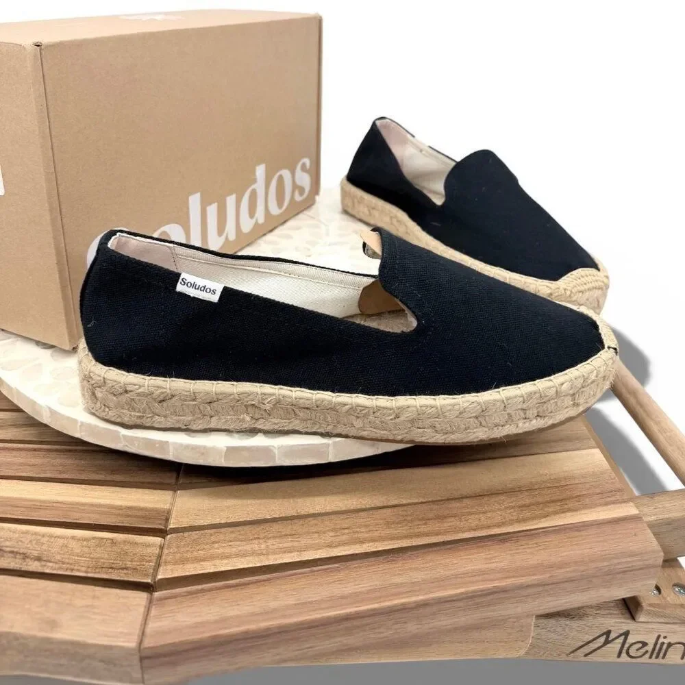 Soludos Platform Espadrille Smoking Slippers Slip On Loafers Black Size 10